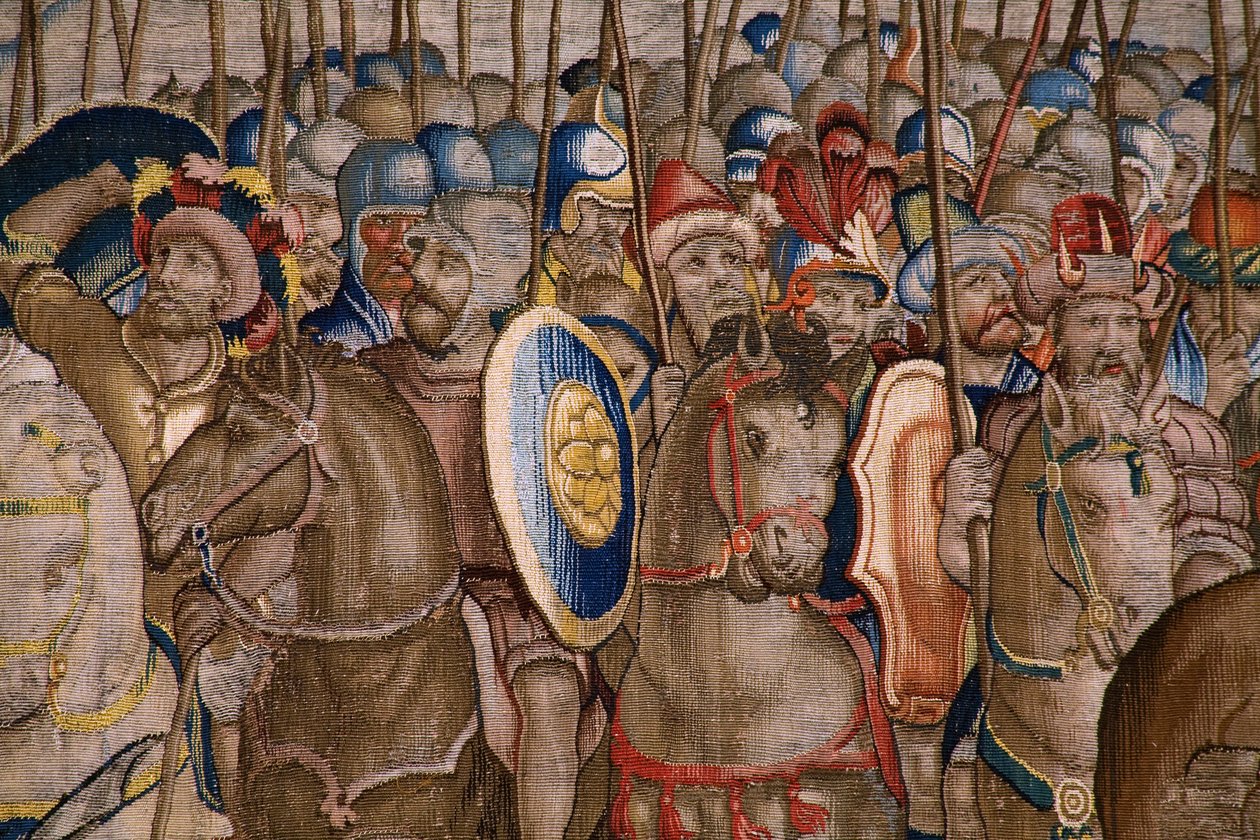 Flanderin kuvakudos. Sarja Scipion teot: Zaman taistelu. Sarjakuvapiirtäjä Giulio Romano. Balthasar van Vlierdenin (?) ateljee, Bryssel. 1523-1532. Yksityiskohta. tekijältä Giulio Romano