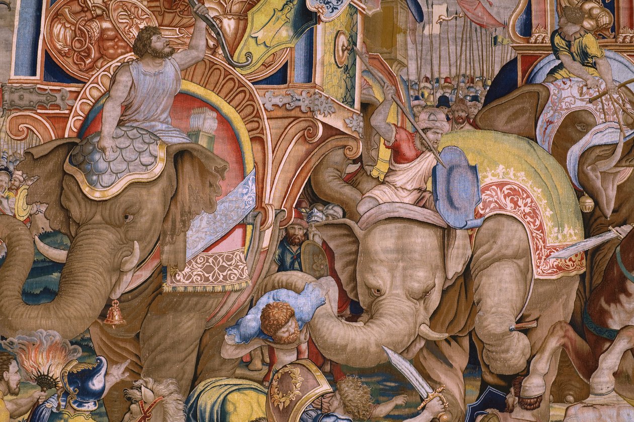 Flanderin kuvakudos. Sarja Scipion teot: Zaman taistelu. Sarjakuvapiirtäjä Giulio Romano. Balthasar van Vlierdenin (?) ateljee, Bryssel. 1523-1532. Yksityiskohta. tekijältä Giulio Romano