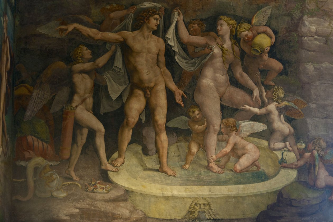 Freskoyksityiskohta Amorin ja Psychen kammiosta, 1526-1534 tekijältä Giulio Romano