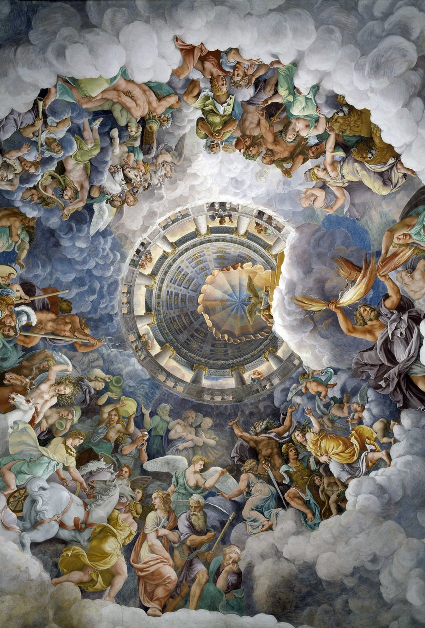 Yleiskuva Mantovan jättiläisten salin katosta (Palazzo del Te, Mantova): Olympoksen jumalat. Giulio Pippi de