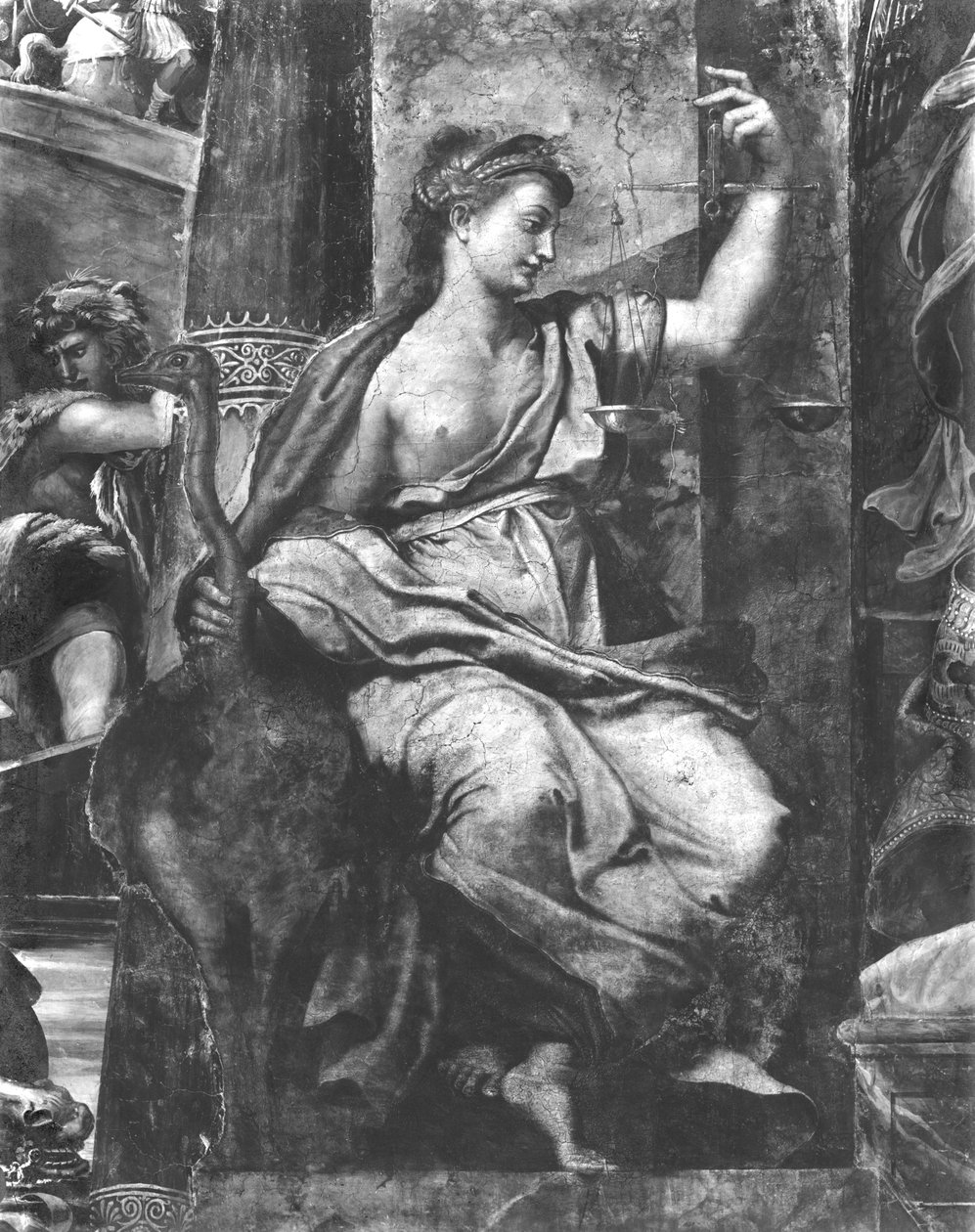 Oikeudenmukaisuus, yksi paavi St. Urban I:tä (k. 230) ympäröivistä kahdesta hyveestä (k. 230) Raphael Rooms (yksityiskohta) (katso myös 252782, 252783, 252785) tekijältä Giulio Romano