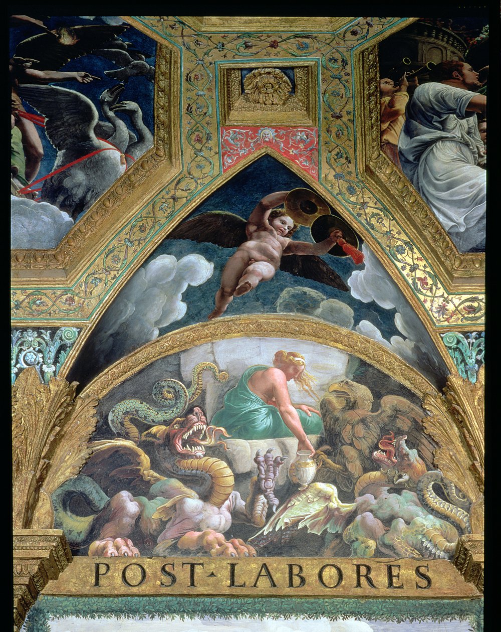 Lunetti, jossa Psyche joutuu Venuksen asettamaan koettelemukseen, jossa hän hakee manalasta Proserpinen kauneuden sisältävän purkin, Sala di Amore e Psiche, 1528, fresko 78427, yksityiskohta. tekijältä Giulio Romano