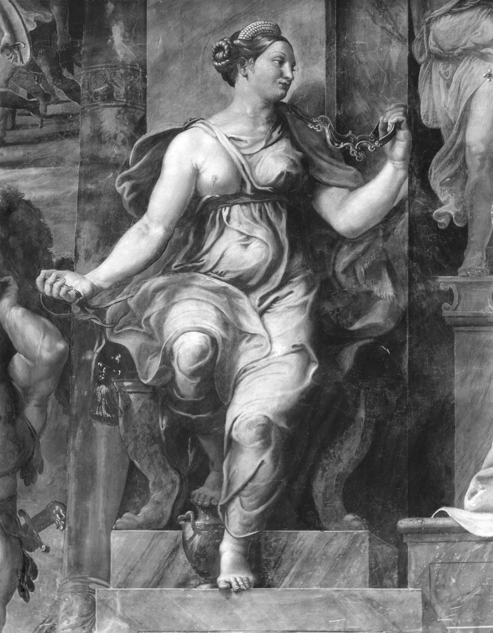 Maltillisuus, yksi kahdesta paavi Clement I:n (1-97) Raphael Roomsia ympäröivistä hyveistä (yksityiskohta) (katso myös 252786, 252788, 252789) tekijältä Giulio Romano