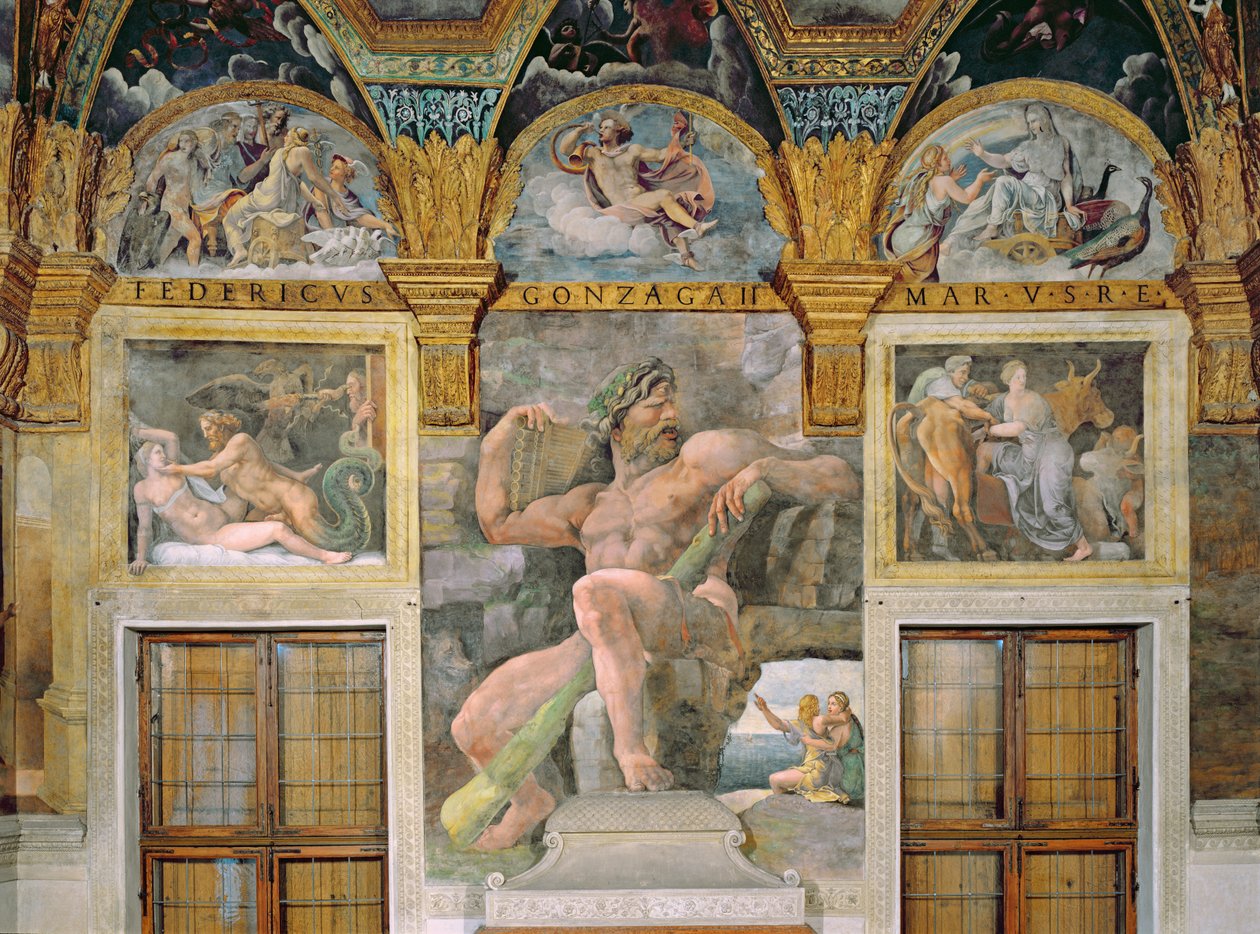 Jupiterin viettelemä Olympia, Acisia ja Galateaa vartioiva Polyphemus, Pasiphae astumassa Daedaluksen rakentamaan lehmään Sala di Amore e Psichestä tekijältä Giulio Romano