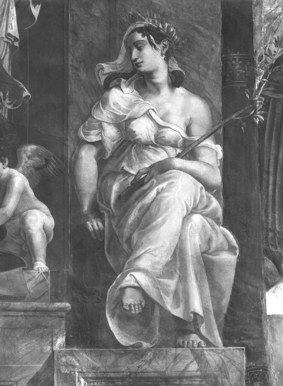 Rauha istuu paavi Damasus I:n (n. 304-384) vieressä Rafaelin huoneet (yksityiskohta) (katso myös 252795 ja 252796) tekijältä Giulio Romano