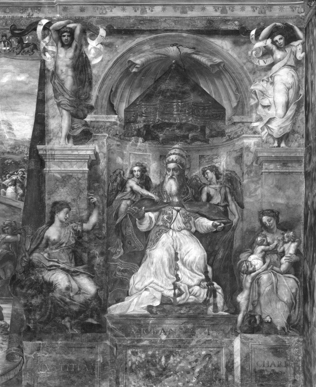 Paavi Urbanus I (k. 230) oikeuden ja hyväntekeväisyyden välissä, Raphael Rooms (katso myös 252783, 252784, 252785) tekijältä Giulio Romano