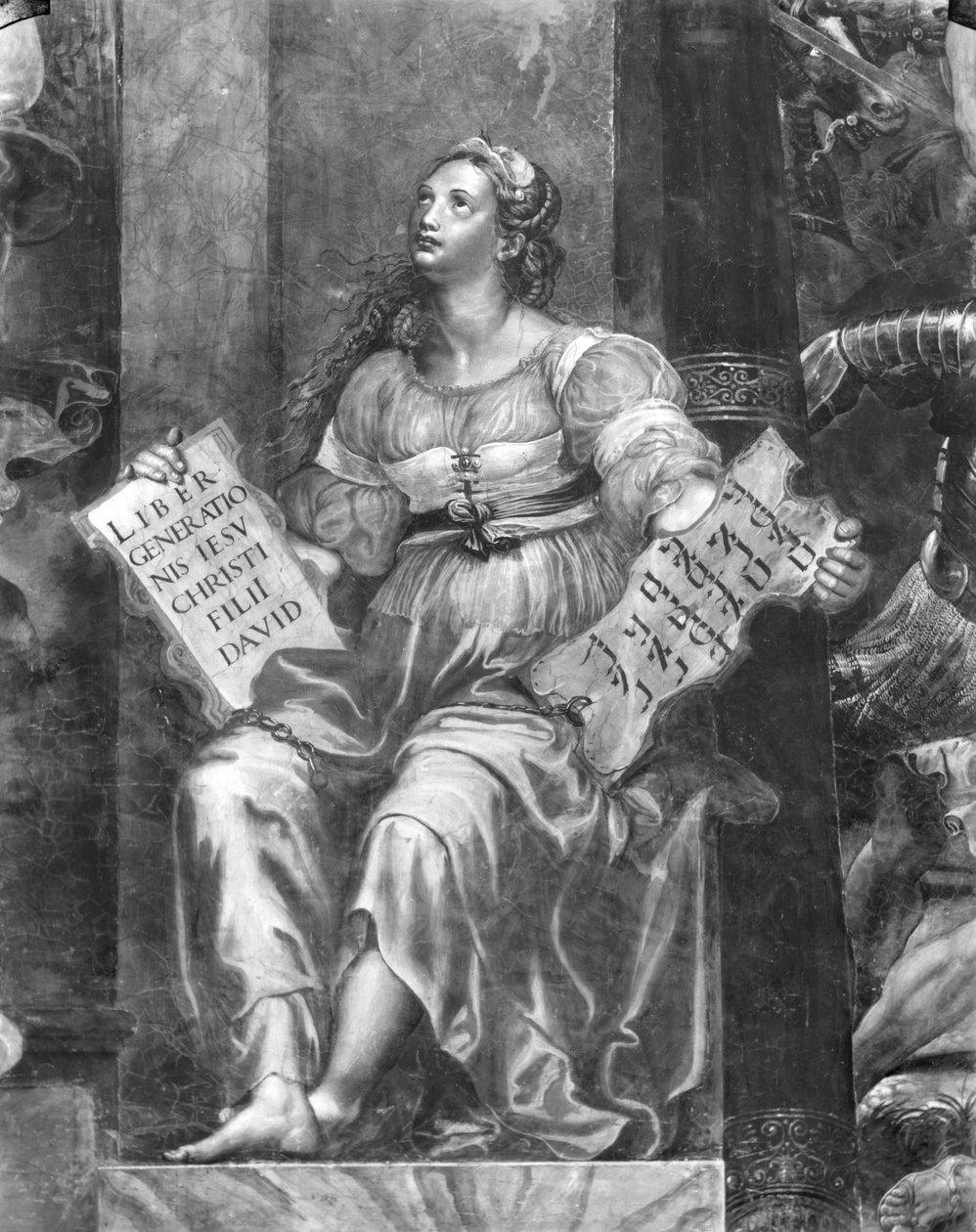 Uskonto, yksi kahdesta allegorisesta hahmosta, jotka ympäröivät paavi Sylvester I (314-35) Raphael Roomsia (yksityiskohta) (katso myös 252792 ja 252793) tekijältä Giulio Romano