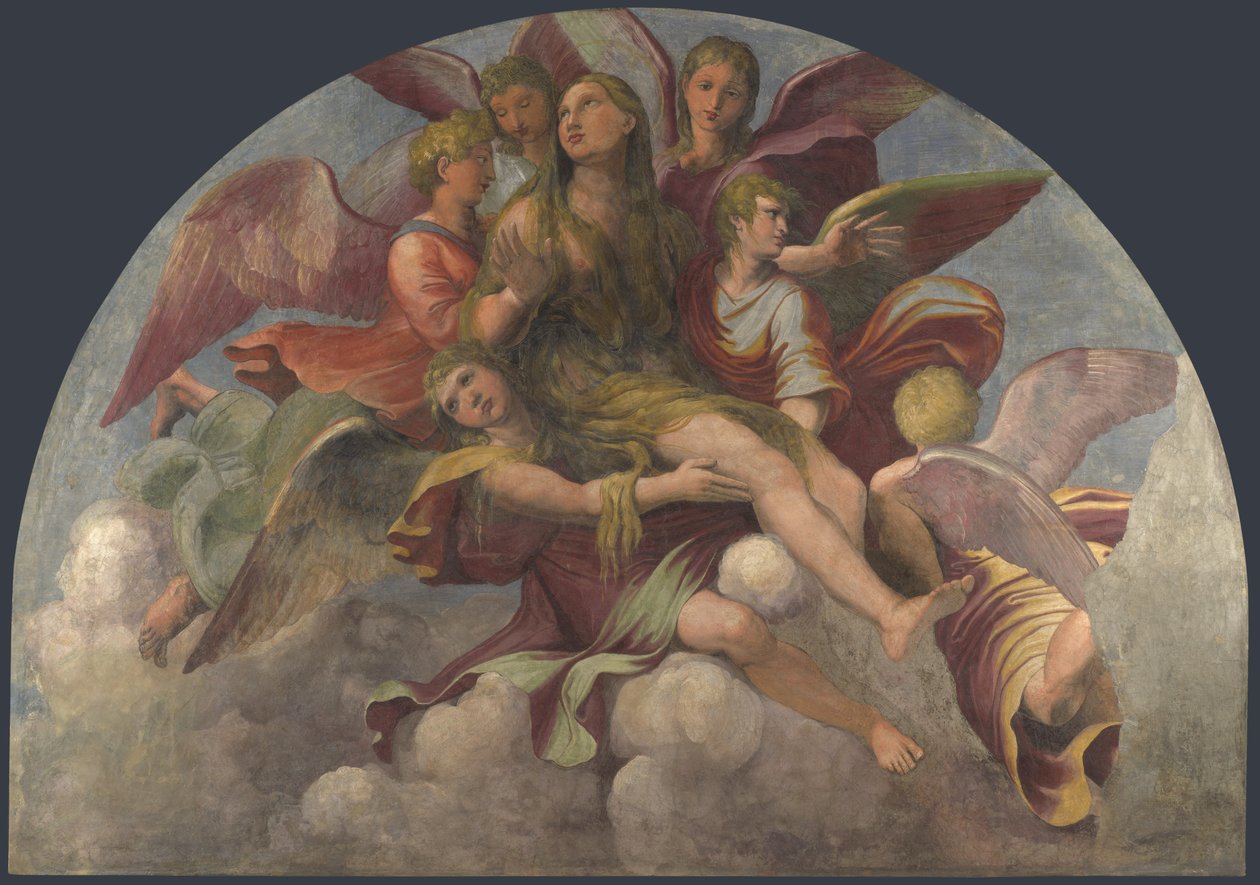 Pyhä Maria Magdaleena, enkeleiden kantama, noin 1521. tekijältä Giulio Romano