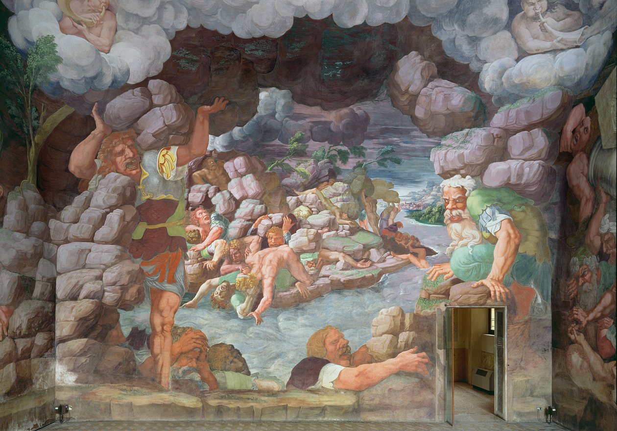 Sala dei Giganti, yksityiskohta Jupiterin ukkoseniskujen tuhoamista jättiläisistä, 1536 fresko yksityiskohta 78482:sta tekijältä Giulio Romano