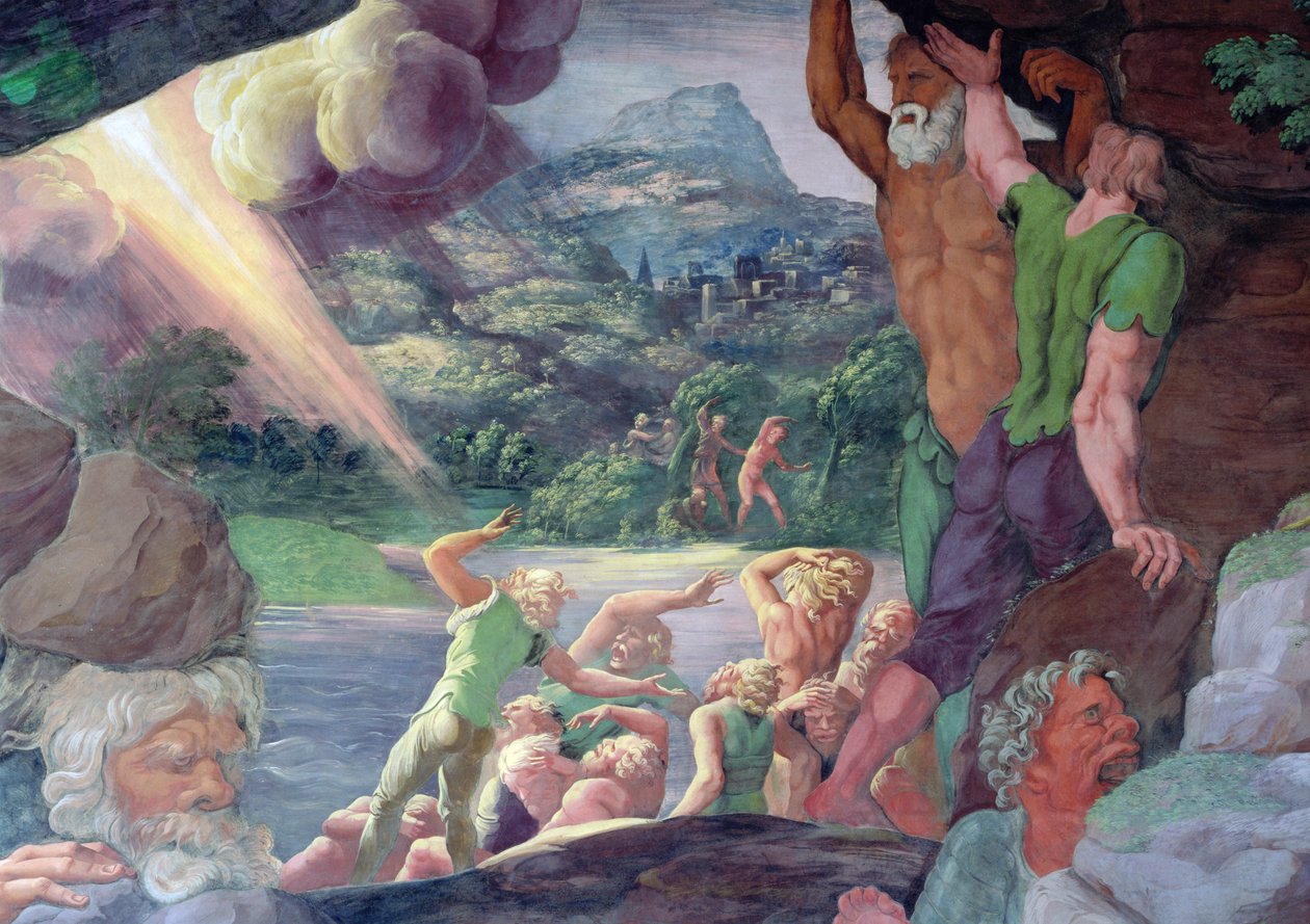 Sala dei Giganti, yksityiskohta Jupiterin ukkoseniskujen tuhoamista jättiläisistä, 1536 fresko yksityiskohta 78482:sta tekijältä Giulio Romano