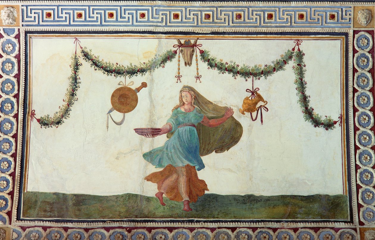 Camera con Fregio di Amorini Amorinin kammio Amorinin friisi yksityiskohta katosta, jossa on kulhoa pitelevä nainen, 1520-luvun fresko. tekijältä Giulio Romano