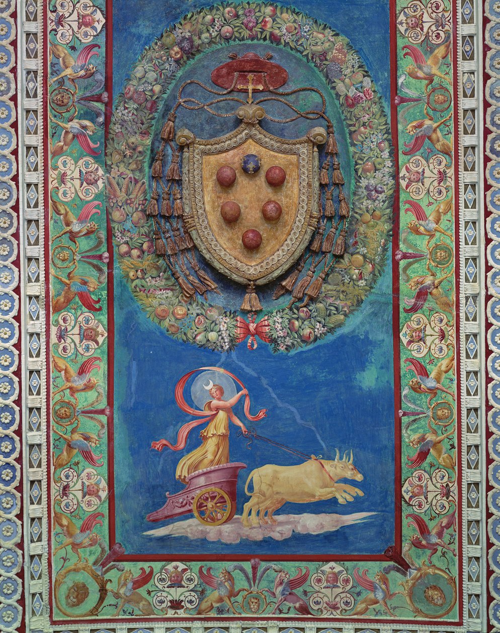 Camera con Fregio di Amorini Amorinin kammio Amorinin friisi yksityiskohta katon keskiosasta, joka on koristeltu Medicin vaakunareliefillä ja yön allegorialla, 1520-luvun fresko ja stu tekijältä Giulio Romano