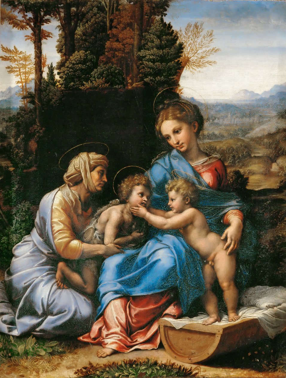 Pyhä perhe, jossa Johannes Kastaja poikana ja Saint Elizabeth La Petite Sainte Famille tekijältä Giulio Romano
