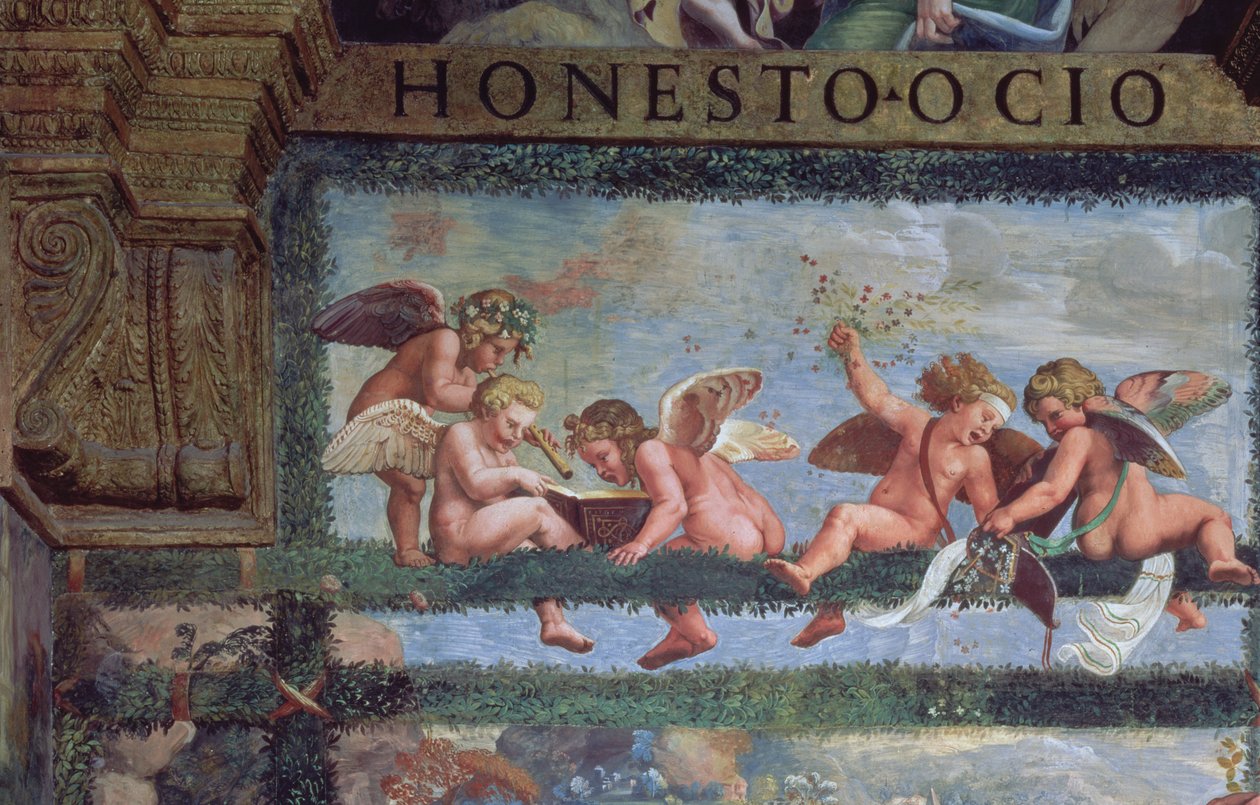 Maalaismainen juhla-ateria, yksityiskohta musiikkia soittavista putteista, Sala di Amore e Psiche, 1528 fresko yksityiskohta 78428:sta tekijältä Giulio Romano