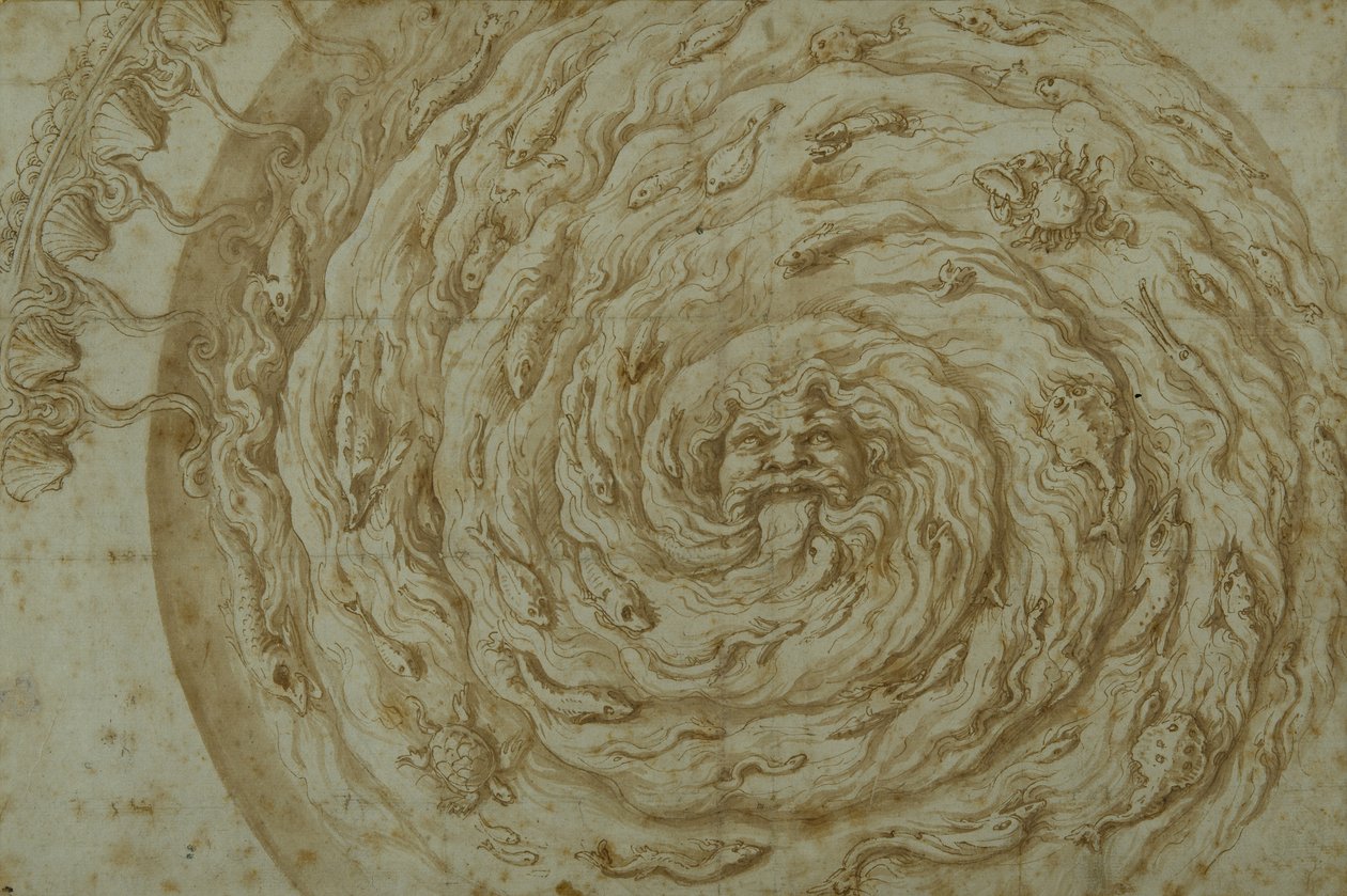 The Stream Oceanus (kynä ja ruskea muste, pesu paperille) tekijältä Giulio Romano