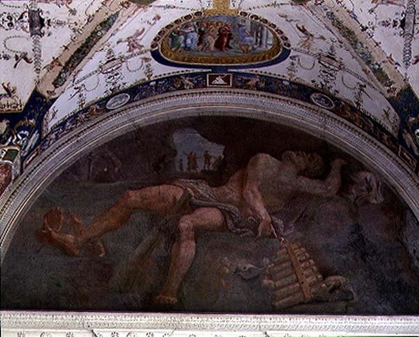 Loggia, yksityiskohta lunettesta holvissa, joka kuvaa Pania ja satyyreja tekijältä Giulio Romano