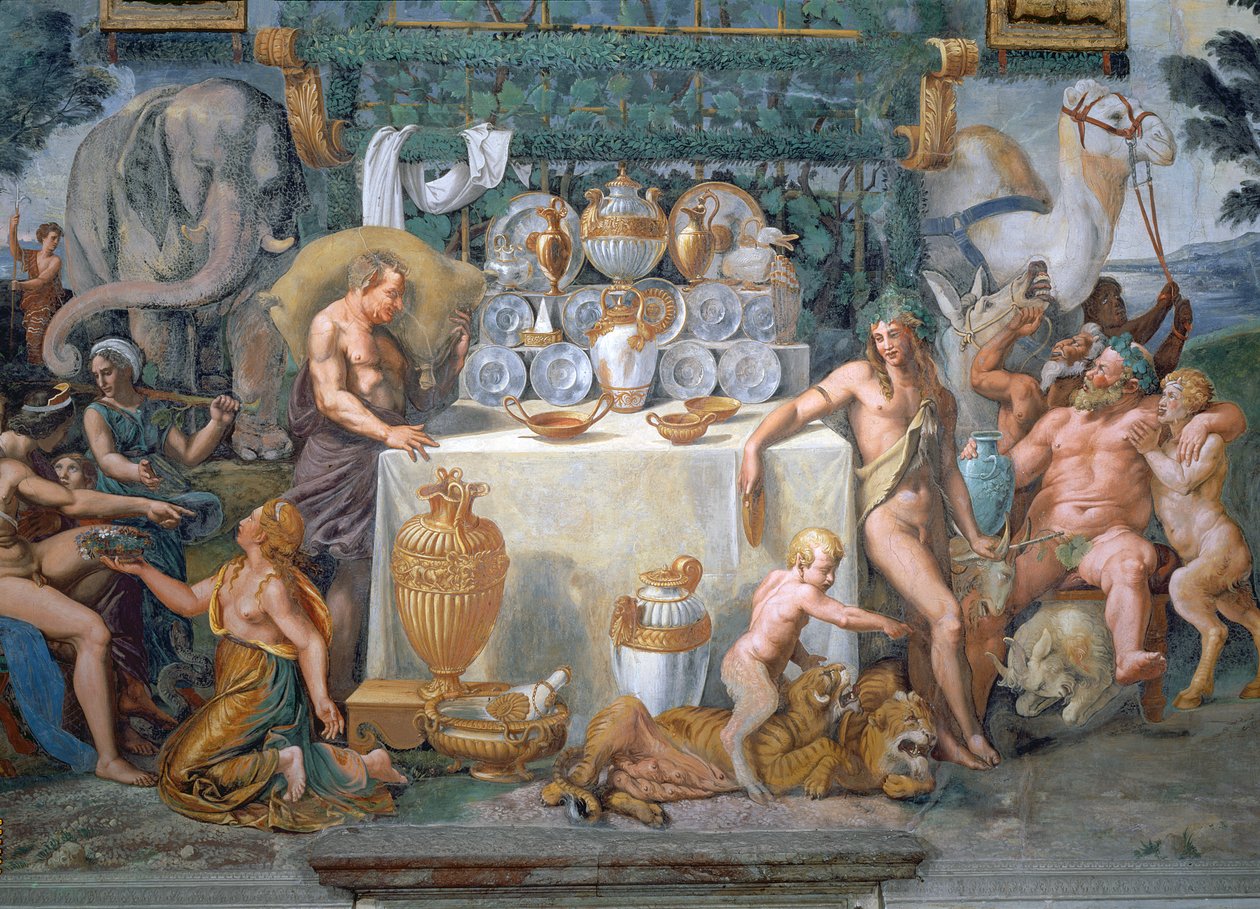 Amorin ja Psychen häitä juhliva jalo juhla, yksityiskohta Dionysiosta ja Silenuksesta pöytätarjoilun oikealla puolella, Sala di Amore e Psichestä, 1528 tekijältä Giulio Romano