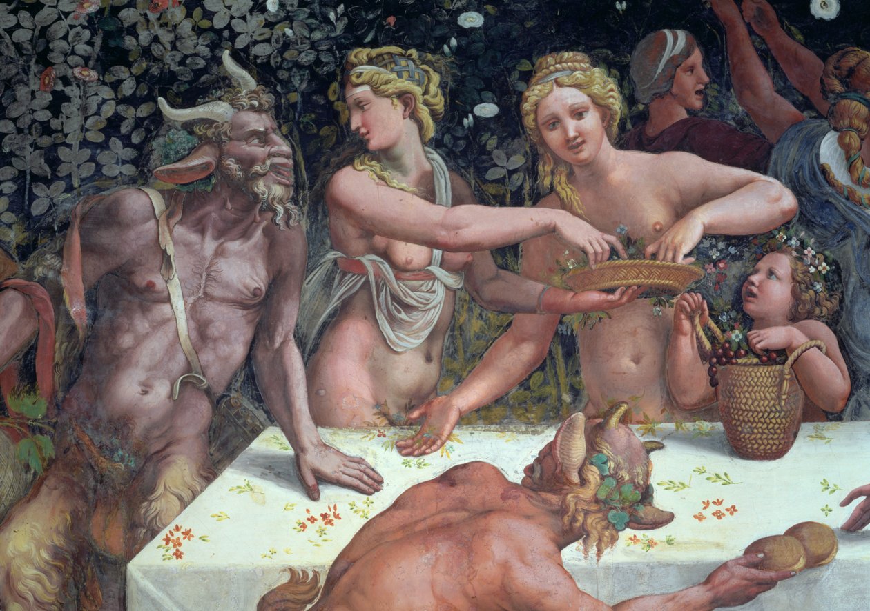 Kaksi horaa hajottaa kukkia kahden satiirin vahtimana, yksityiskohta maalaismaisemista, joilla juhlitaan Amorin ja Psyken avioliittoa, Sala di Amore e Psiche, 1528, fresko 78427, yksityiskohta tekijältä Giulio Romano