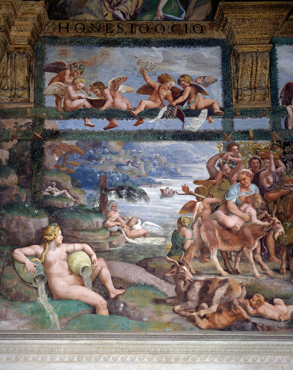 Hääjuhla tai jumalien juhla, Giulio Romanon (1499-1546) fresko, Cupidon ja Psychen kamarin länsimuuri, Palazzo Te, Mantova (UNESCOn maailmanperintöluettelo, 2008), Lombardia, Italia tekijältä Giulio Romano