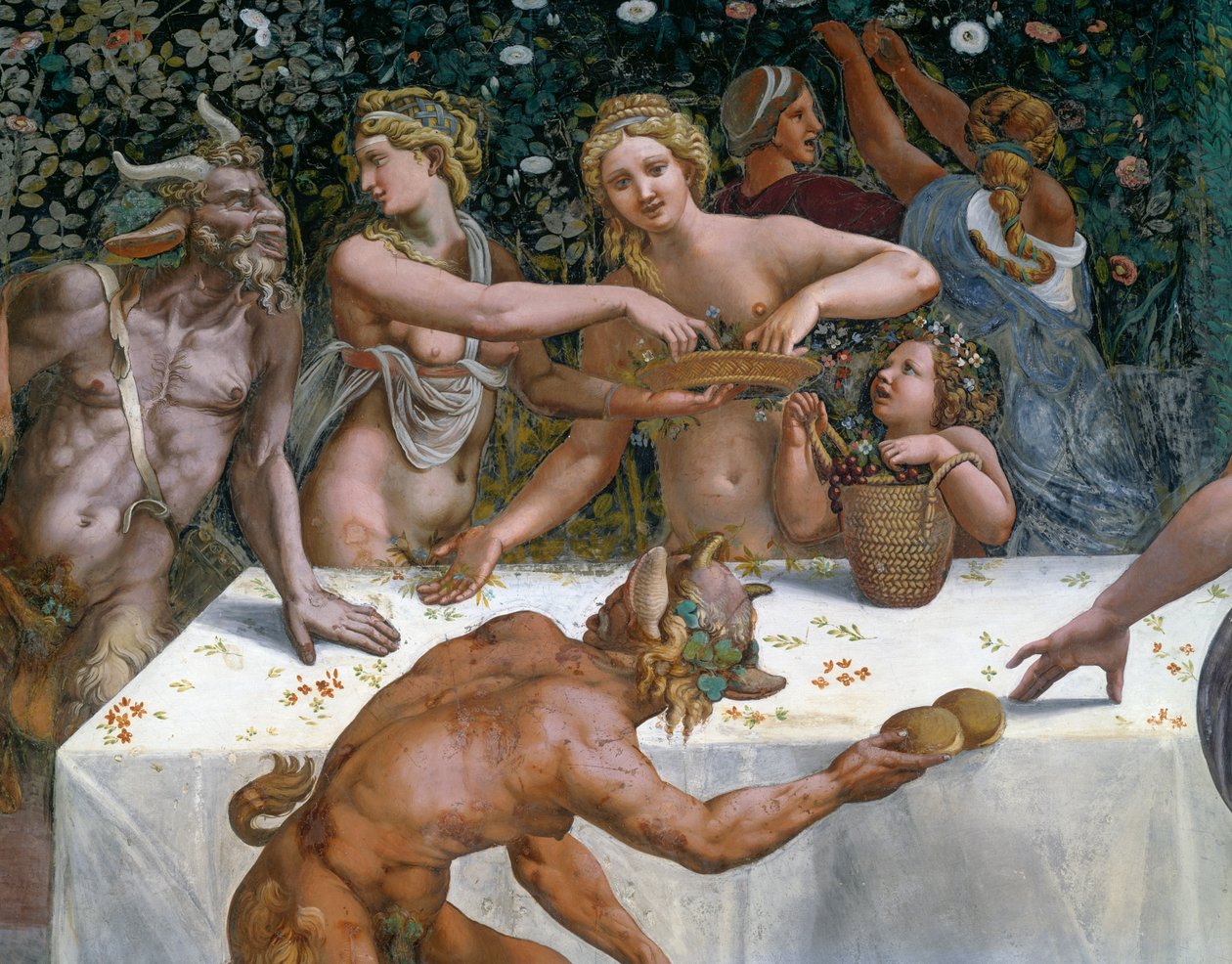 Hääjuhla tai jumalien juhla, Giulio Romanon (1499-1546) fresko, Amorin ja Psychen kamarin länsimuuri, Palazzo Te, Mantova (UNESCOn maailmanperintöluettelo, 2008), Lombardia, Italia tekijältä Giulio Romano