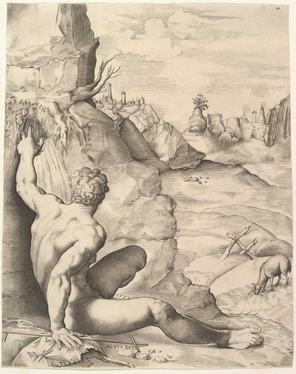 Johannes Kastaja erämaassa, n. 1545-55. tekijältä Giulio Sanuto
