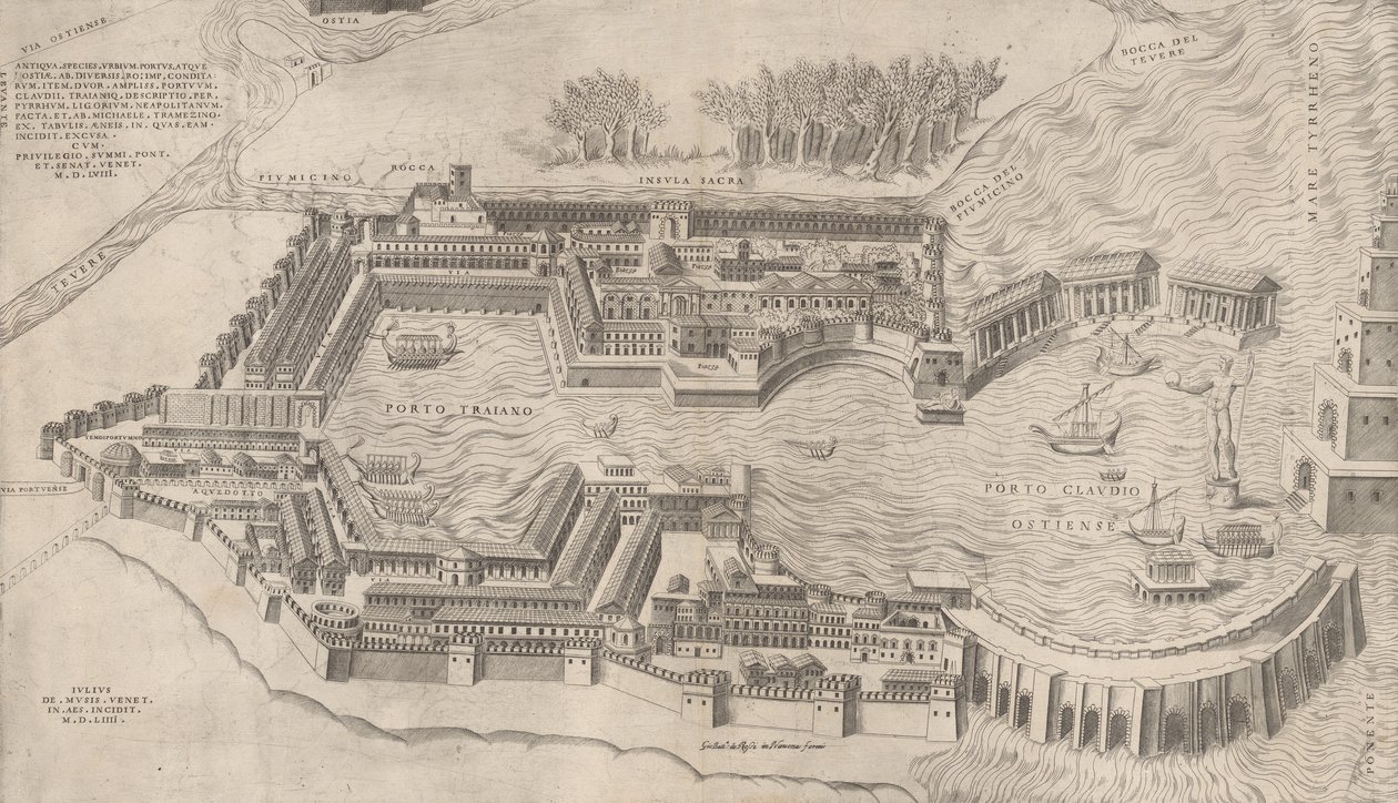 Roomalaisen loiston peili: Lintuperspektiivi Rooman satamasta, 1554, 1554. tekijältä Giulio de Musi
