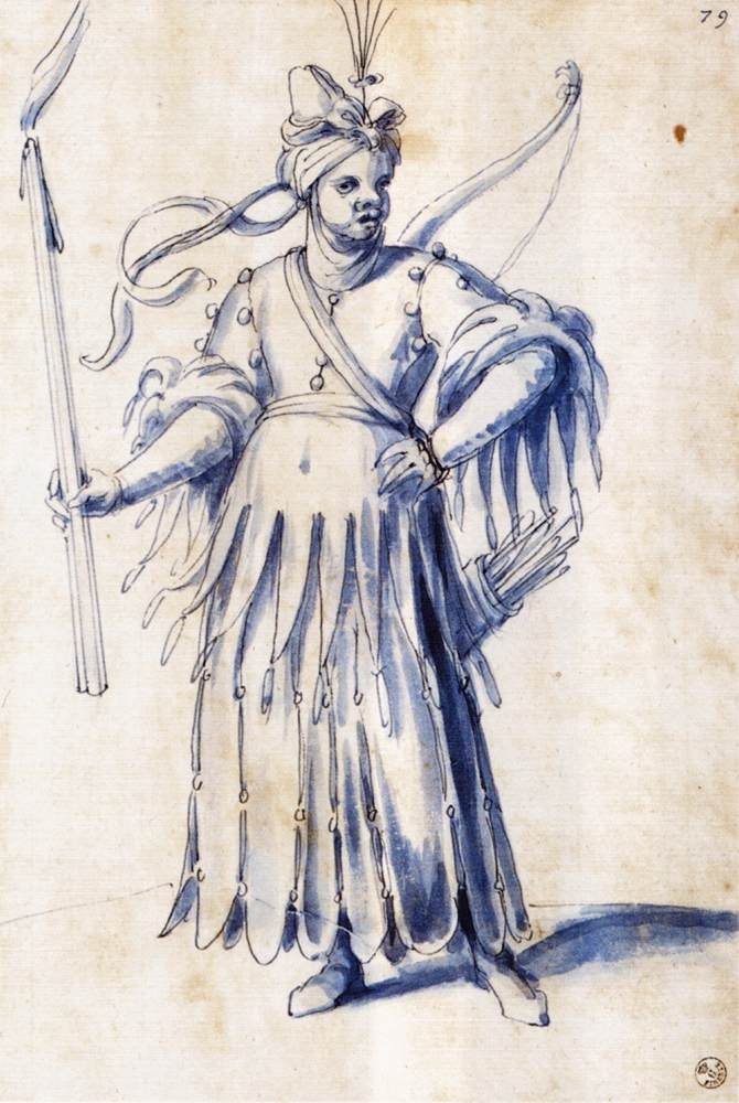 Pukupiirustus naishahmolle, jolla on taskulamppu tekijältä Giuseppe Arcimboldo