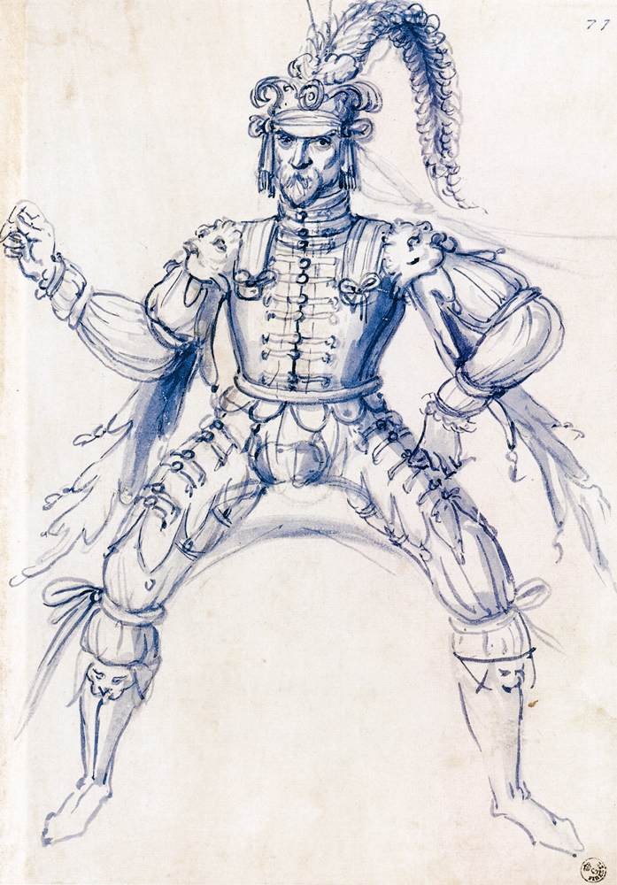 Piirustus ratsumiehestä ratsastavan ritarin puvusta tekijältä Giuseppe Arcimboldo