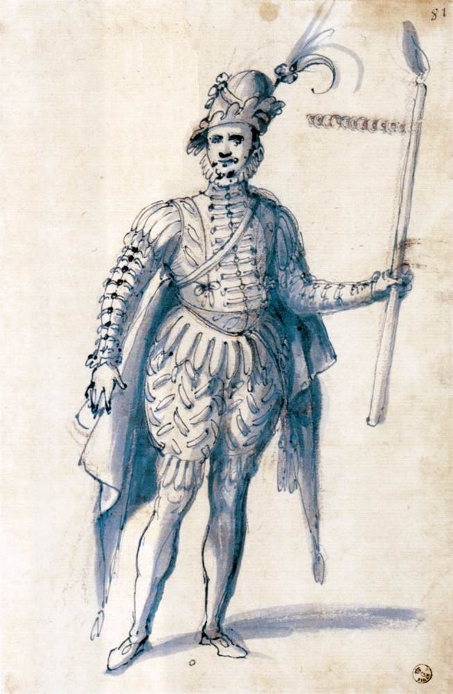 Pukupiirustus mieshahmolle, jolla on soihtu tekijältä Giuseppe Arcimboldo
