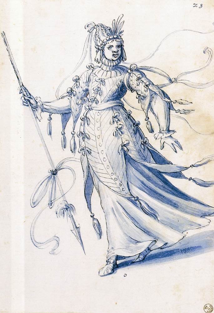 Pukupiirros naisesta, jolla on keihäs kädessään tekijältä Giuseppe Arcimboldo