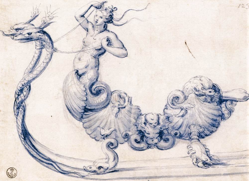 Luonnos rekeä varten, jossa on sireenien hahmoja tekijältä Giuseppe Arcimboldo