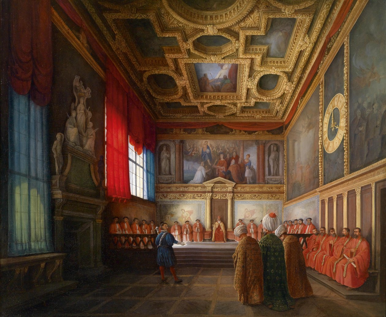 Empfang der osmanischen Gesandtschaft beim Dogen von Venedig in der Sala del Collegio des Dogenpalastes tekijältä Giuseppe Bernardino Bison