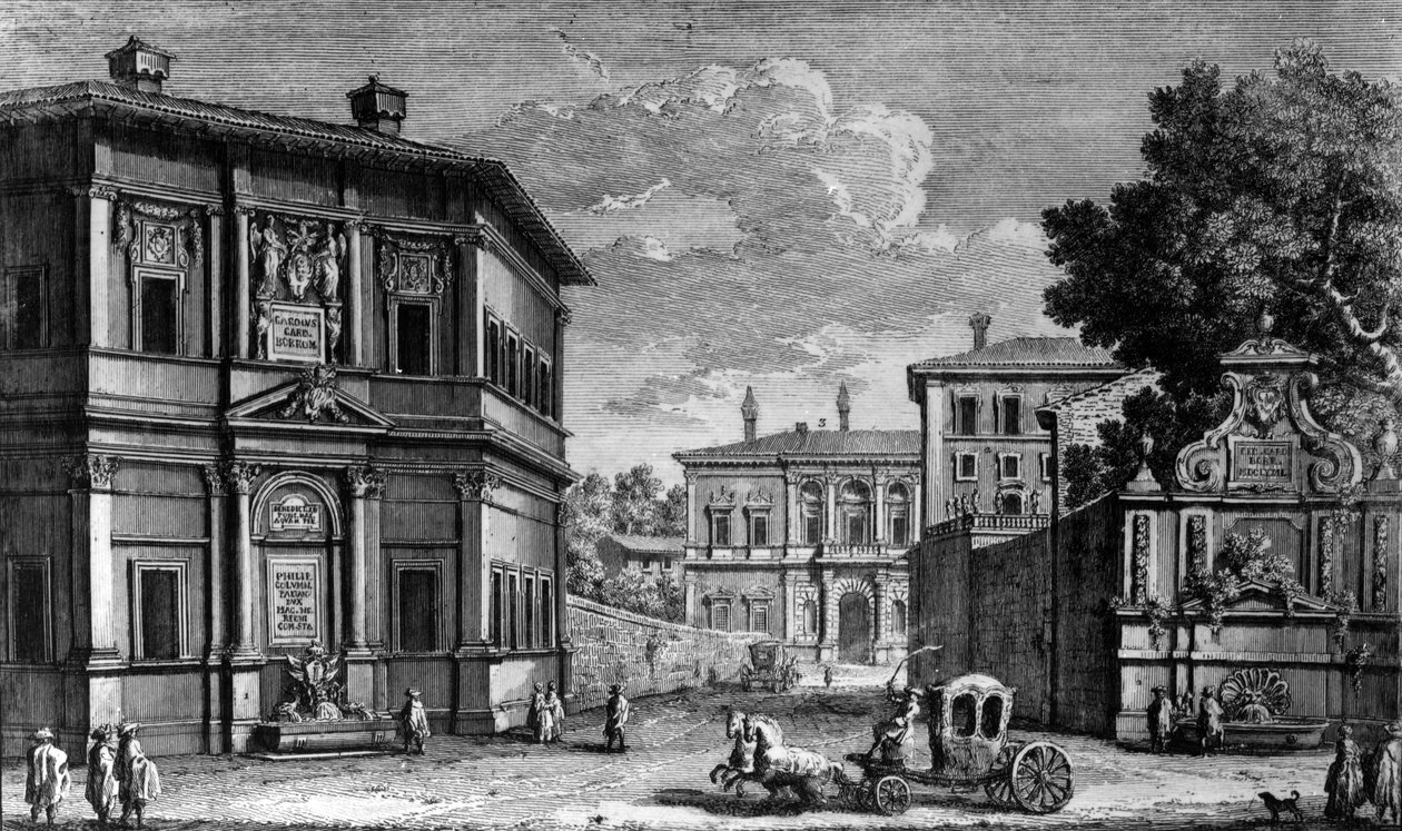 Näkymä Casino della Vignalle ja sen takana sijaitsevalle Villa Giulialle, n. 1761 (etsaus) tekijältä Giuseppe Vasi