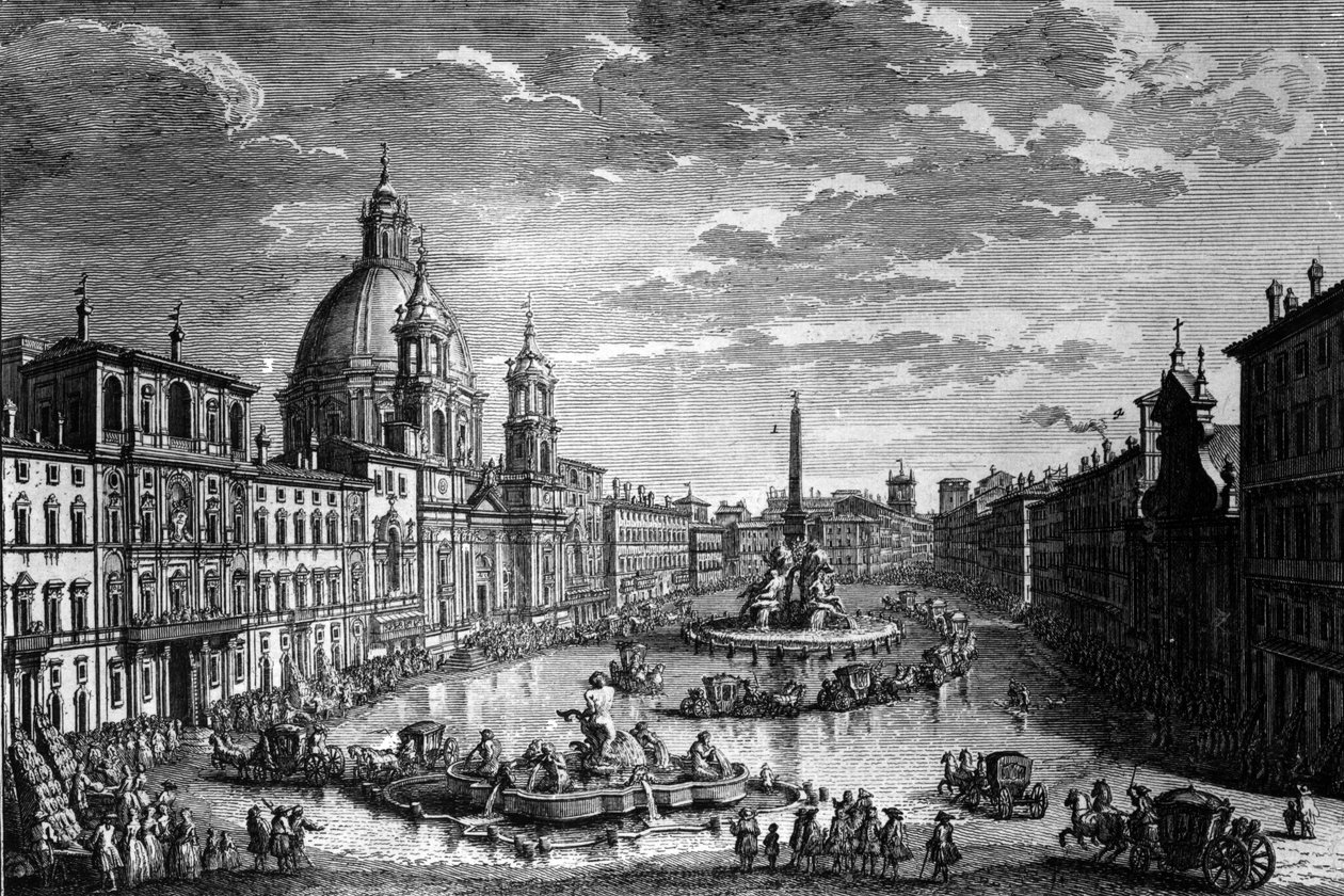 Näkymä Piazza Navonalle Ferragoston loman aikana 1752 tekijältä Giuseppe Vasi