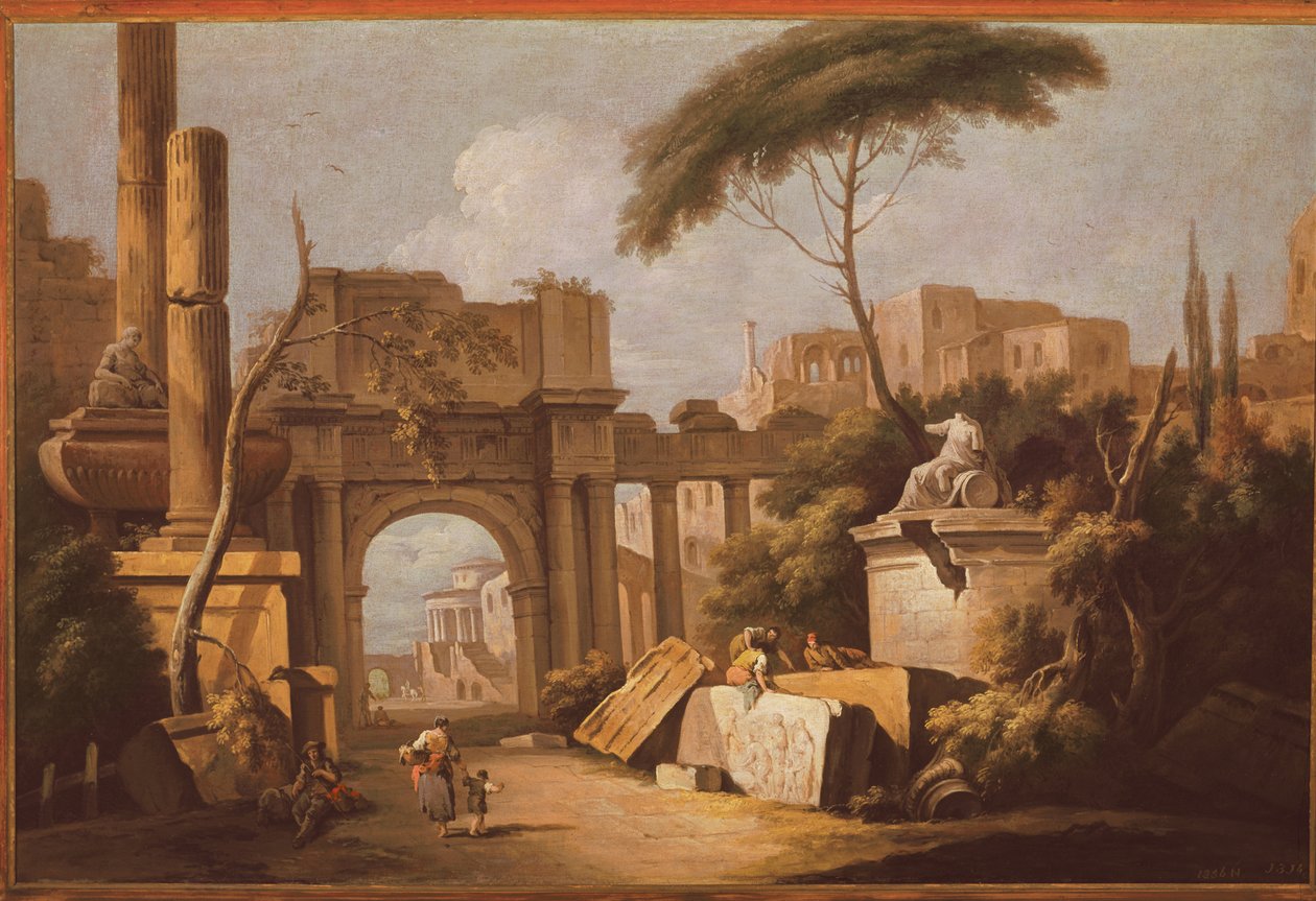 Muinaiset rauniot, joissa on suuri kaari ja pylväs, n. 1735-1740 tekijältä Giuseppe Zais