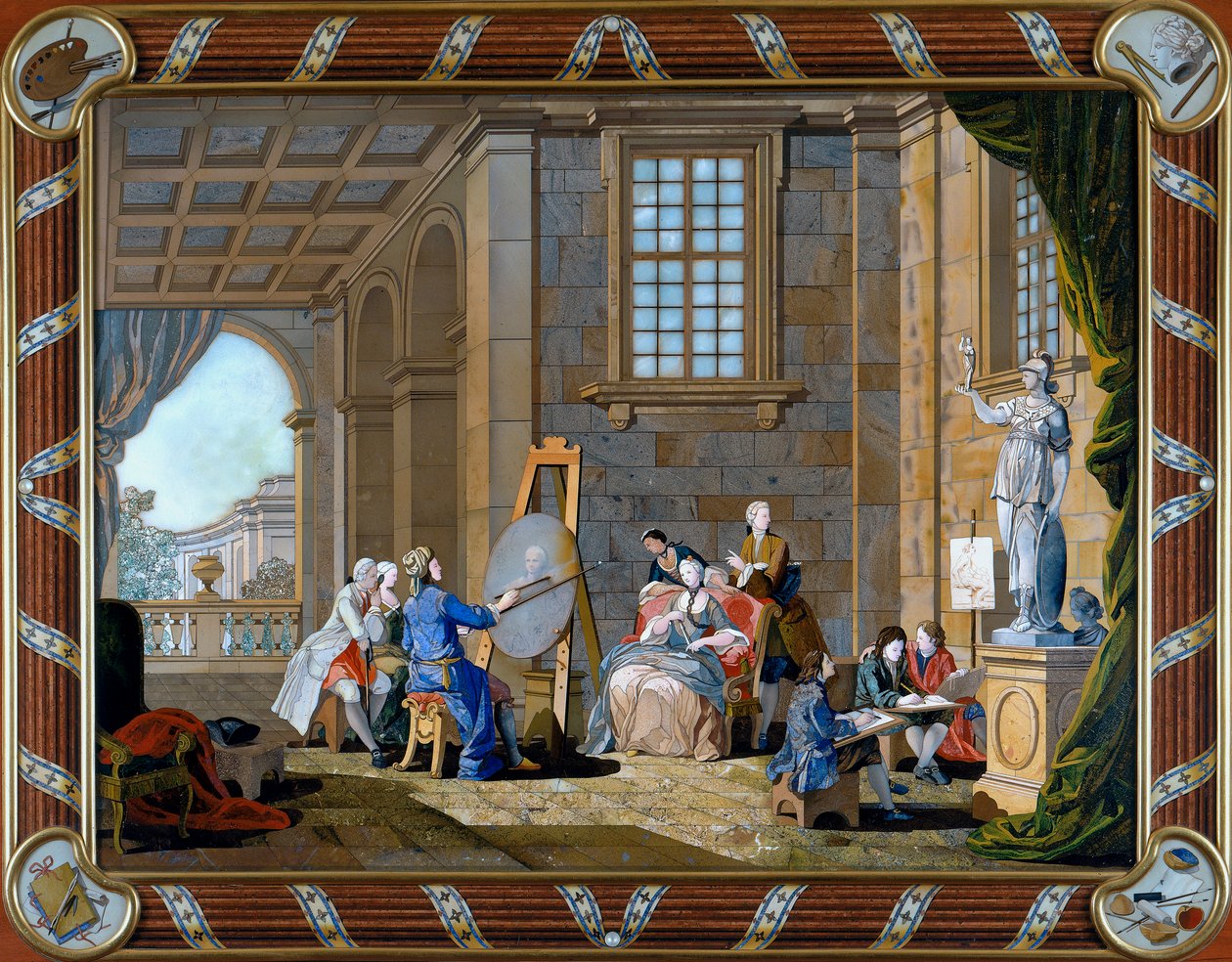 Paneeli pietre dure -upotuksella, joka kuvaa maalausta tekijältä Giuseppe Zocchi