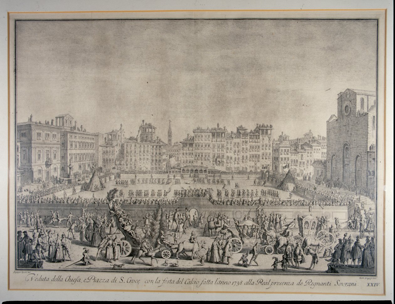 Jalkapallofestivaali Piazza Santa Crocella, kaiverrus Carlo Gregori (1719-59) 1738 tekijältä Giuseppe Zocchi