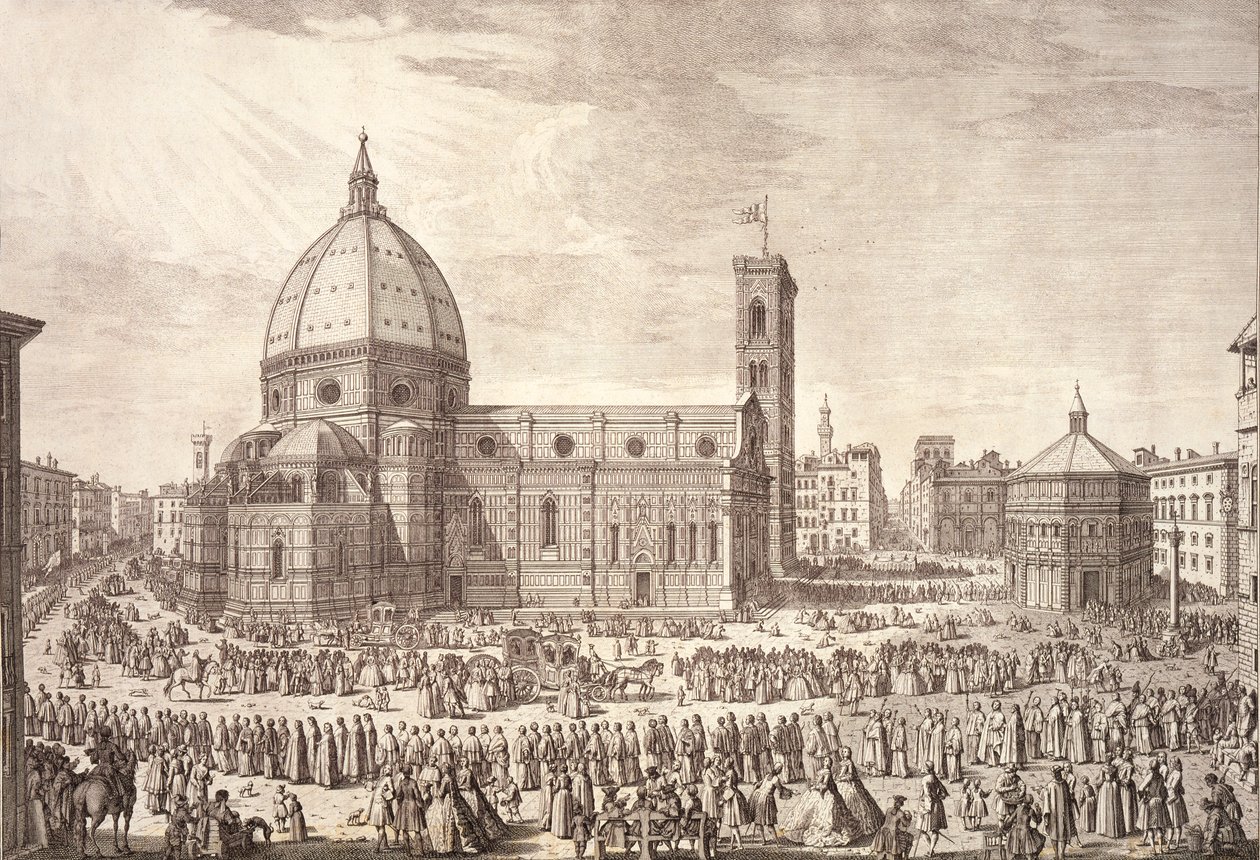 Näkymä Firenzen kaupunkiin, Pyhän Johanneksen kastekappeli ja Corpus Domini -kulkue tekijältä Giuseppe Zocchi