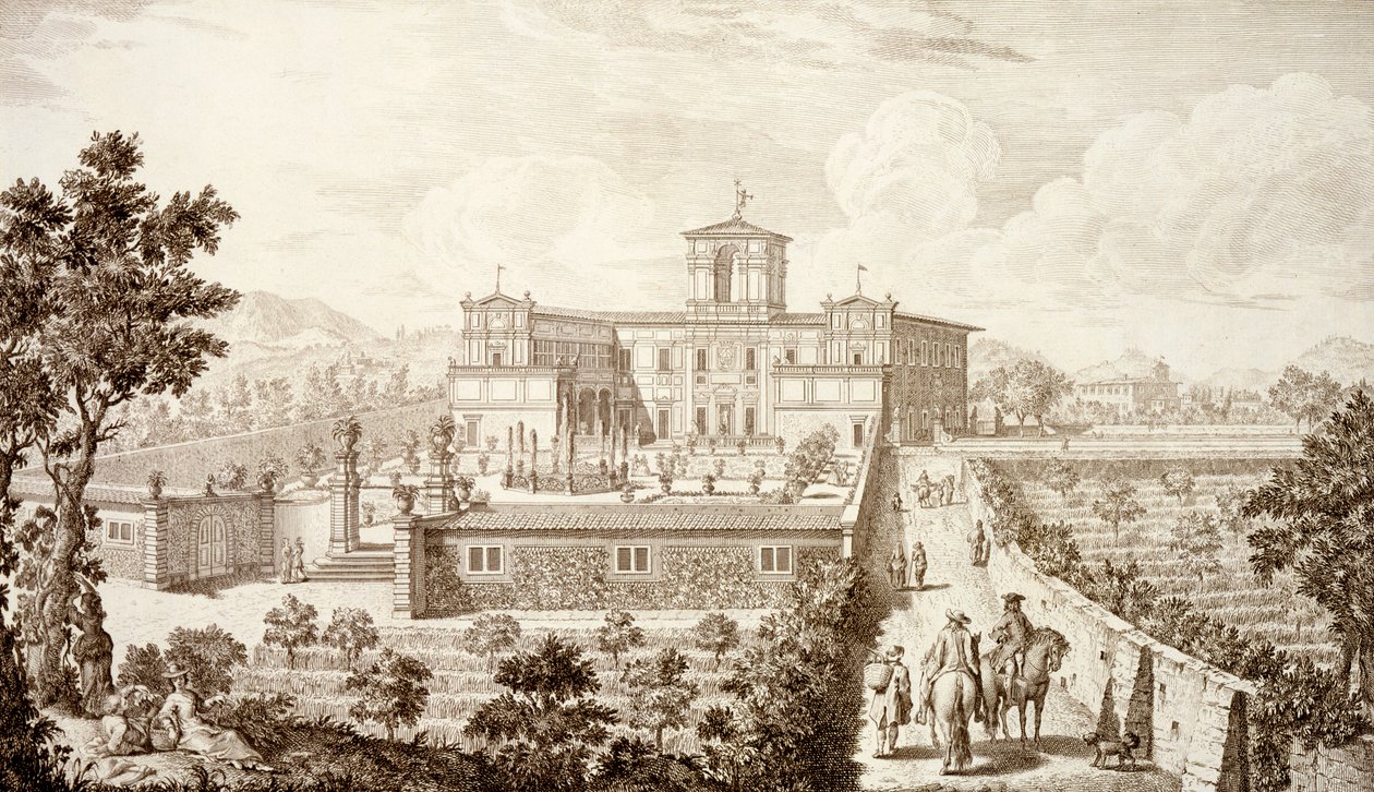 Näkymä Villa di Montughille, Giuseppe Bouchardin "Näkymät Toscanaan", julkaistu 1744-57 tekijältä Giuseppe Zocchi