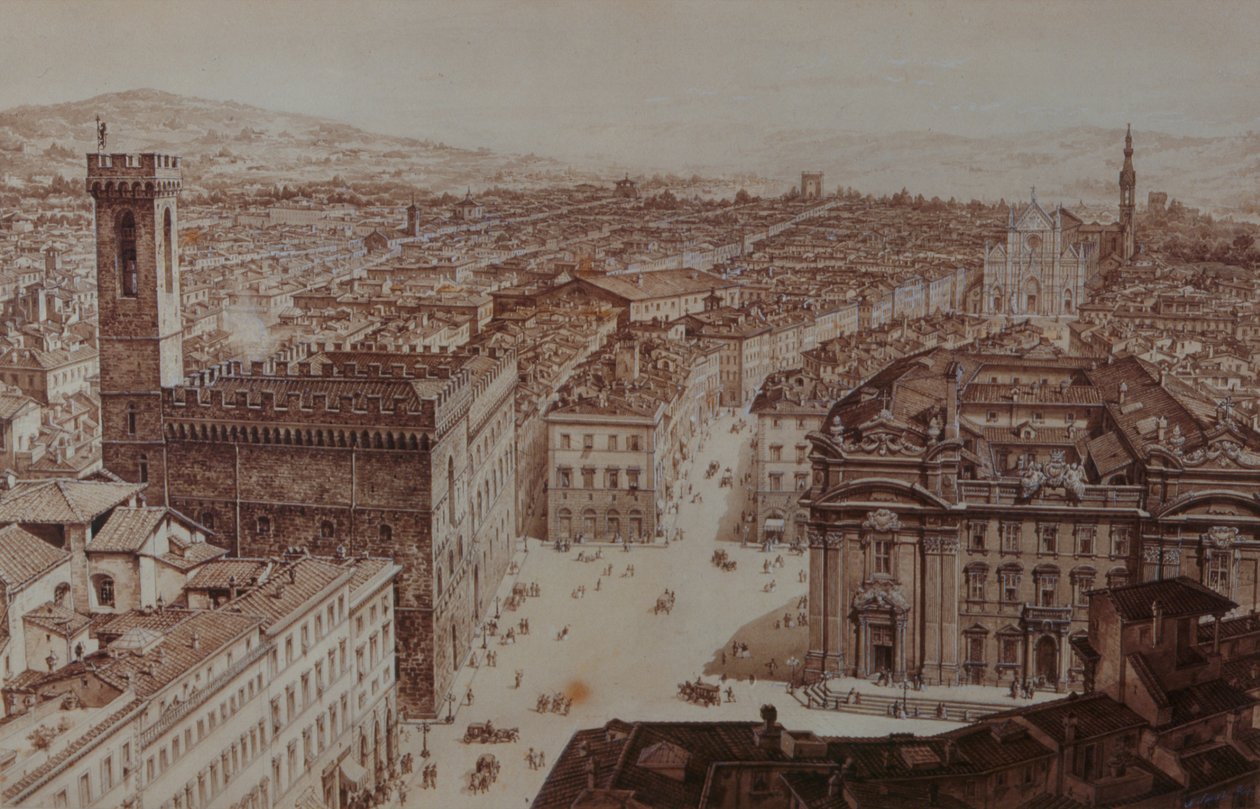Näkymä Piazza di San Firenzen ja Piazza Santa Crocen aukiolle, Firenze tekijältä Giuseppe and Sanesi, Nicola Poggi