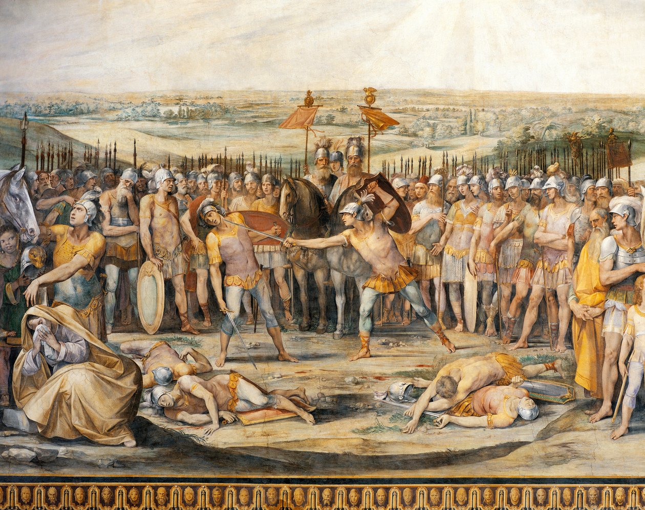 Taistelu Horatiin ja Curiatiin välillä, kirjoittanut Giuseppe Cesari (1568-1640), fresko, Horatiin ja Curiatiin sali, palatsin konservatoriot, Rooma, Rooman kuningaskunta, Italia tekijältä Giuseppe Cesari