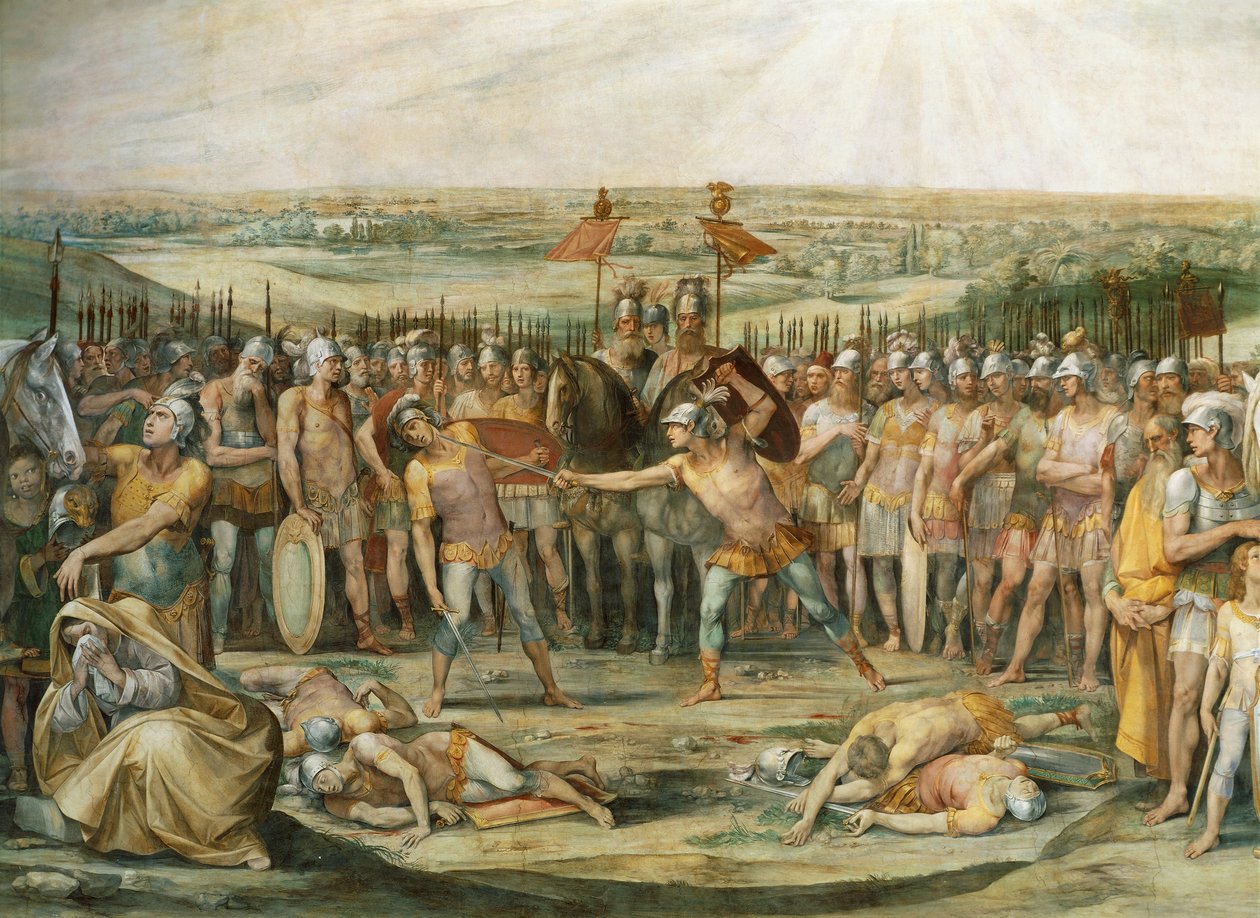 Combat entre els Horacis i els Curiacis, de Giuseppe Cesari (1568-1640), fresc, Sala dels Horacis i els Curiacis, Palau Conservatoris, Roma. Imperi Romà, Itàlia, segle VII aC.finès tekijältä Giuseppe Cesari