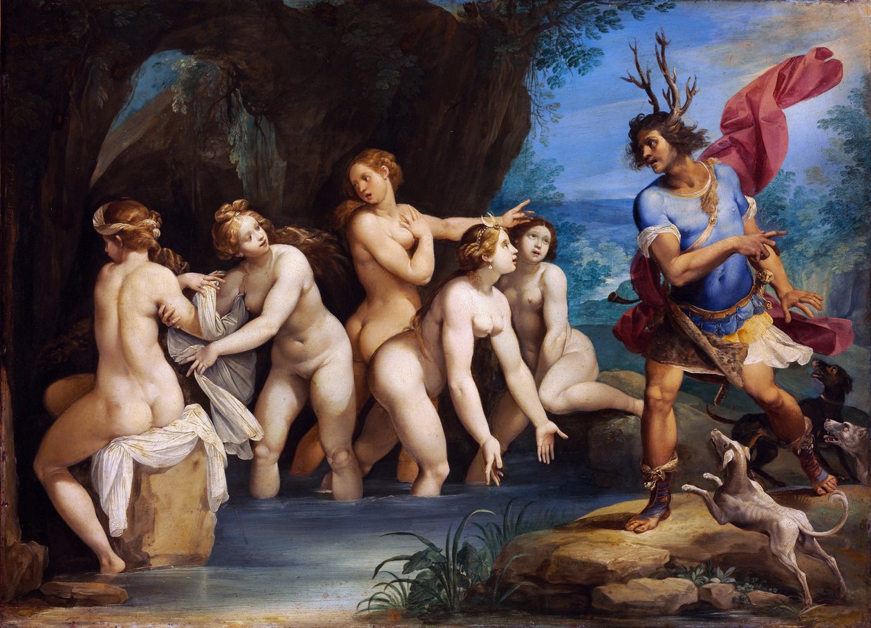 Diana ja Actaeon - Giuseppe Cesarin (1568-1640) maalaus, öljy kuparille, noin 1604, 50x69 cm - Diana ja Actaeon, Giuseppe Cesarin öljy kuparille - Szepmuveszeti Muzeum, Budapest tekijältä Giuseppe Cesari