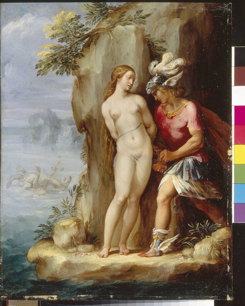 Persee pelastamassa Andromedan. (Perseus pelastaa Andromedan). Giuseppe Cesarin (1568-1640) maalaus, öljy puulle, noin 1590. Italialaista taidetta (Rooma) tekijältä Giuseppe Cesari