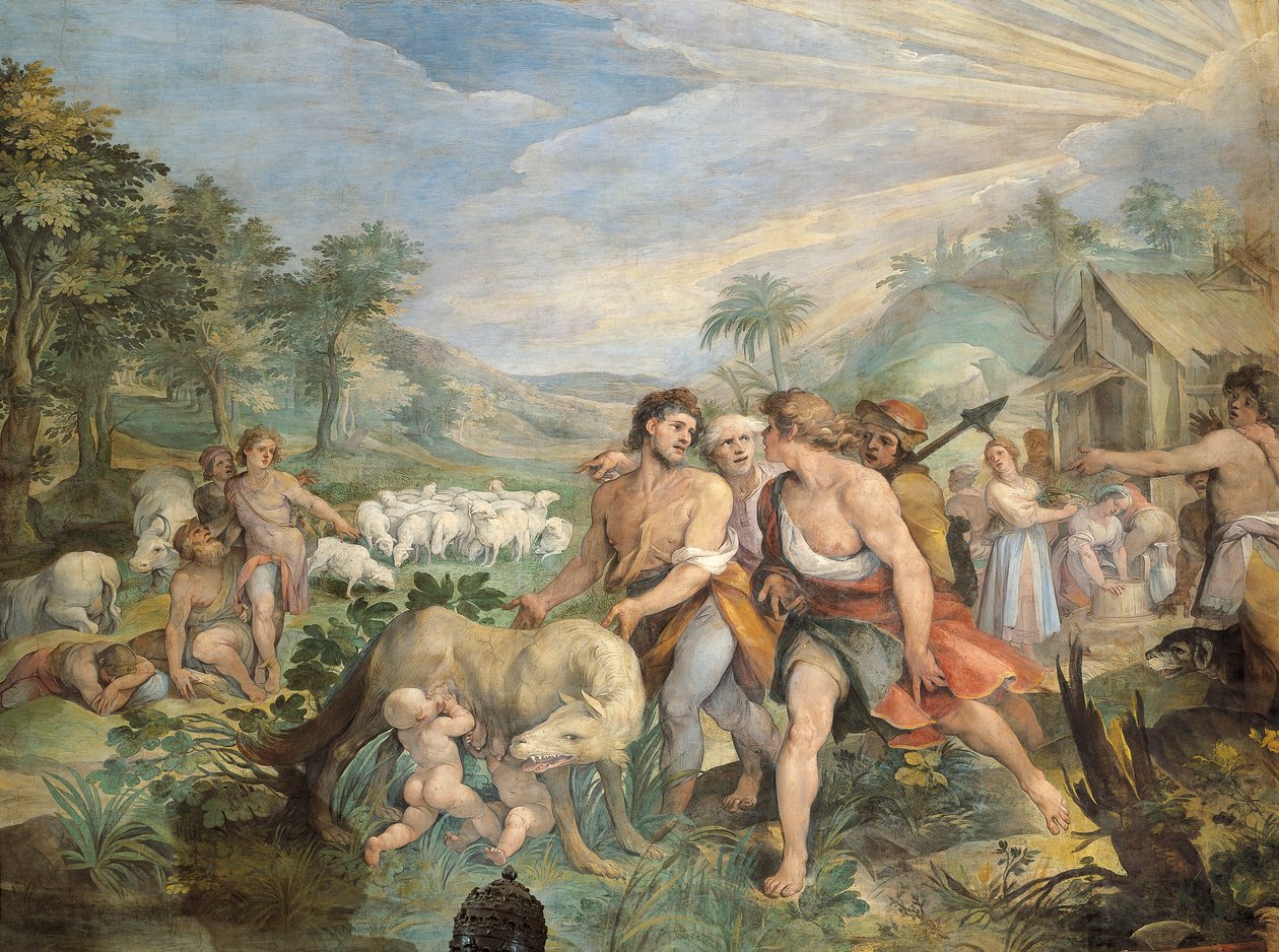 Romulus ja Remus, suden imettämät, Faustuluksen löytämä Tiberin rannalta, Giuseppe Cesari (1568-1640), fresko, Horatiin ja Curiatiin sali, konservatorioiden palatsi, Rooma, Rooman kuningaskunta, Italia tekijältä Giuseppe Cesari