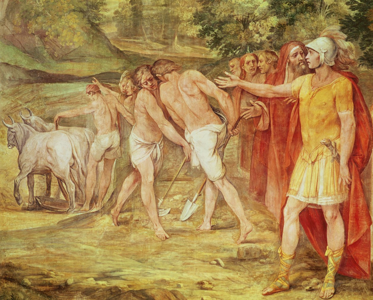 Romulus, joka merkitsee Rooman rajoja, Sala dei Horatiista ja Curatiista (fresko) tekijältä Giuseppe Cesari