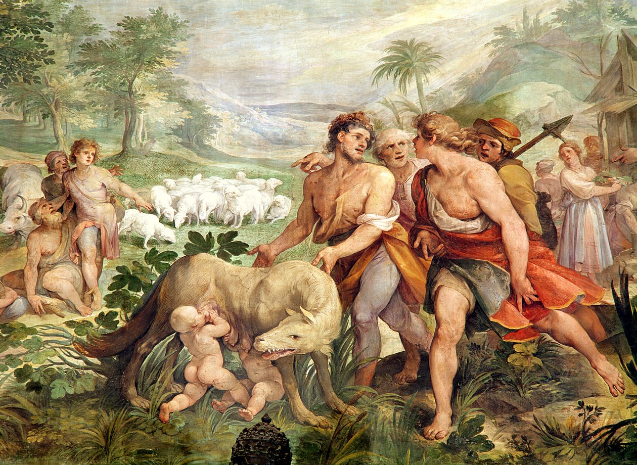 Naarassuden imettämä Romulus Sala dei Horatii e Curaciista (fresko) tekijältä Giuseppe Cesari