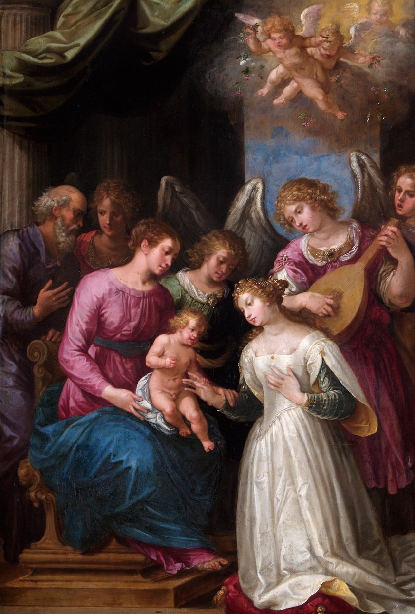 O Casamento Místico de Santa Catarina (óleo sobre painel de nogueira) finlandês tekijältä Giuseppe (1568 1640) Cesari