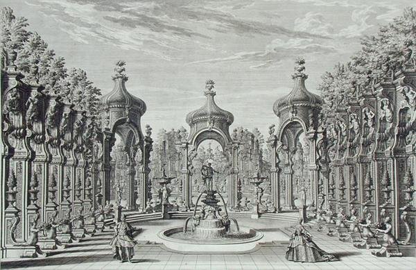 Suunnittelu viihdekäyttöön puutarhassa, "Architectus Theatralis Primarius", kaiverrus Johann Andreas Pfeffel (1674-1748), julkaistu 1740 (kaiverrus) tekijältä Giuseppe Bibiena