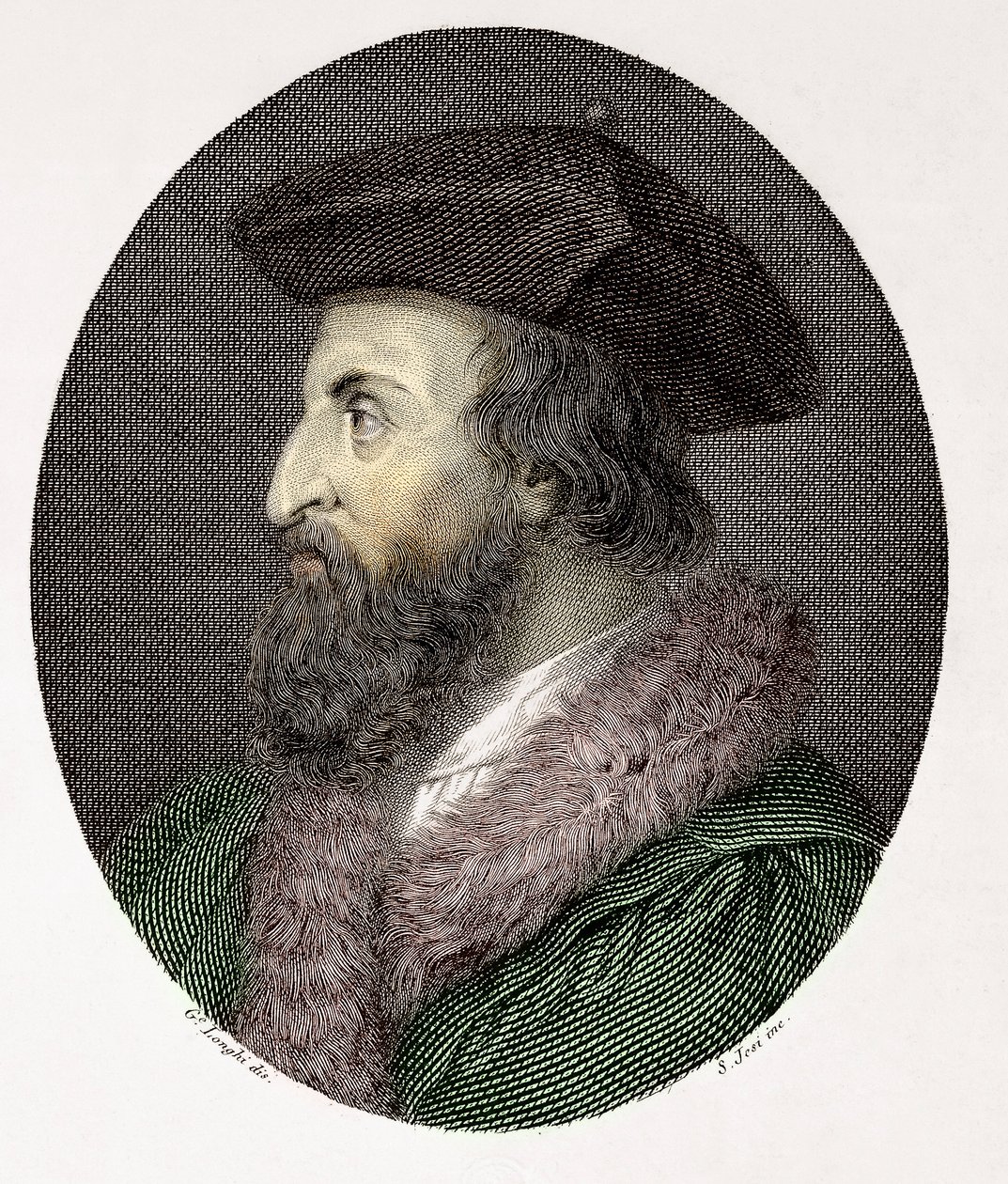 Italian lääkärin, runoilijan ja humanistin Girolamo Fracastoron muotokuva (Hieronymus Fracastorius tai Jerome Fracastor) (1478/83-1553) Kaiverrus yksityinen kokoelma tekijältä Giuseppe (after) Longhi